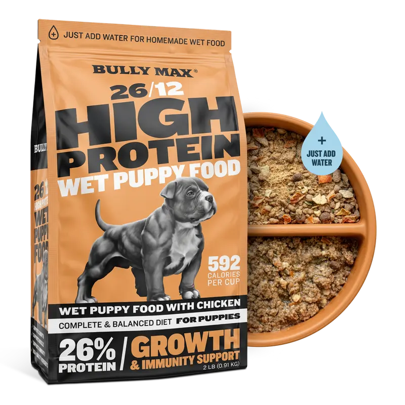Bully Max 26/12 High Protein Wet Puppies Food - 26% Protein, 12% Fat, Chicken, Barley, Oats, Flaxseed, Salmon Oil, Niacin Supplement, No Wheat, Add Water Option, Vegetables-Infused, Supports Healthy Growth & Immune Health for Puppies