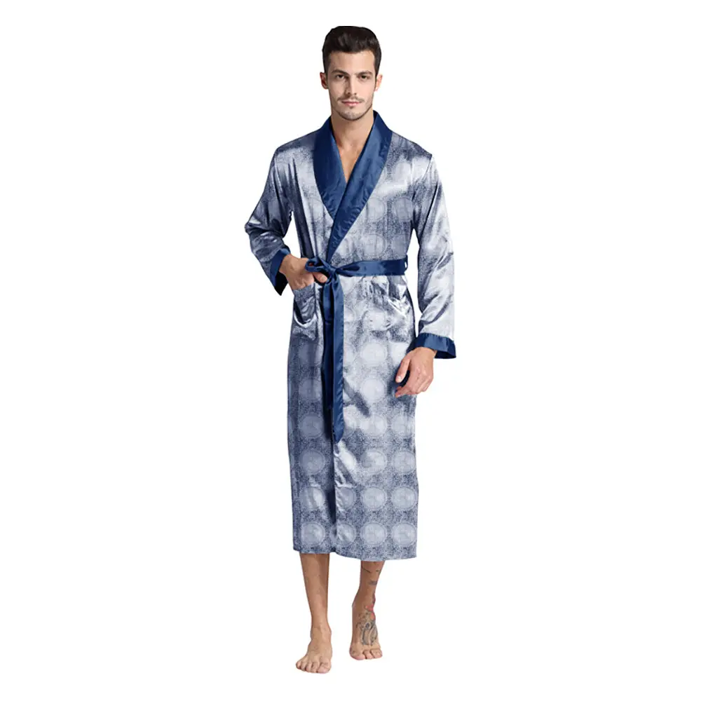 Navy Brocade Lightweight Silky Satin Robe