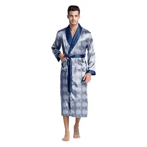 Navy Brocade Lightweight Silky Satin Robe