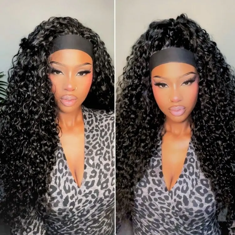 MYLOCKME Deep Wave Headband Wigs Human Hair Wigs Ready To Wear Kinky Curly Wigs For Women 180 Density