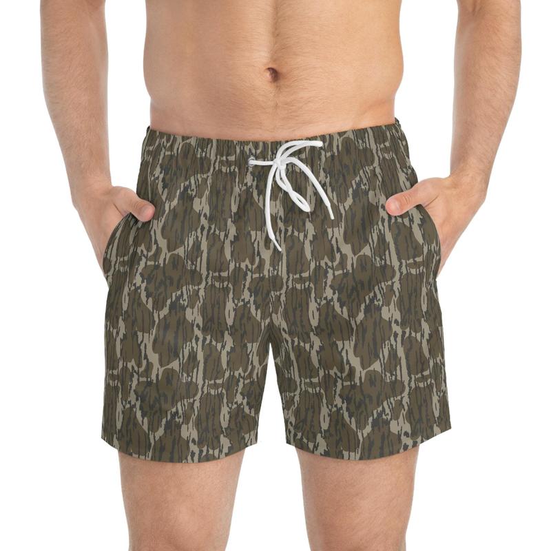 Bottomlands Camo Swim Trunks, Beach Shorts, Summer Swimwear, Vacation Essentials, Trendy Board Shorts