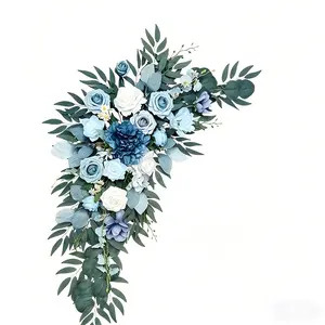 Luxury Blue Artificial Flower Wall Hanging, Rose Eucalyptus Leaf Arrangement, Living Room TV Background Decor, Wedding Window Display Ornament