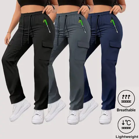 Women's 3-Pack Loose Fitting Cargo Jogger Pants - Letter Print Green Long Outdoor Joggers, Zipper Pockets, Elastic Drawstring Waist, Elastane Polyester Blend, All-Season Machine Washable for Hiking, Daily Wear