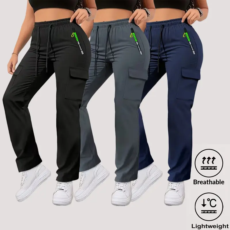 Women's 3-Pack Casual Outdoor Cargo Pants - Letter Print Green Long Outdoor Jogger Pants with Zipper Pockets, Elastic Drawstring Waist for Spring, Fall, Daily Wear, Hiking