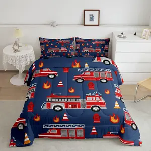 Cartoon Car Luxury Bedding Set,Fire Truck Comforter Set,Room Decor Firefighter Comforter,Firemen Car Vehicle Fire Engine Blue Red Duvet Set