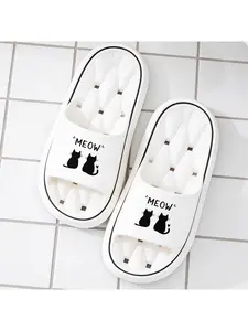 Women Men Couple Style MEOW Love Heart Black Cat Print Slippers, Summer Outdoor Indoor Dual-use Hollow Out Sole Breathable Slides, Soft Sole Non-slip Bathroom Shower Slippers, Casual Vacation Beach