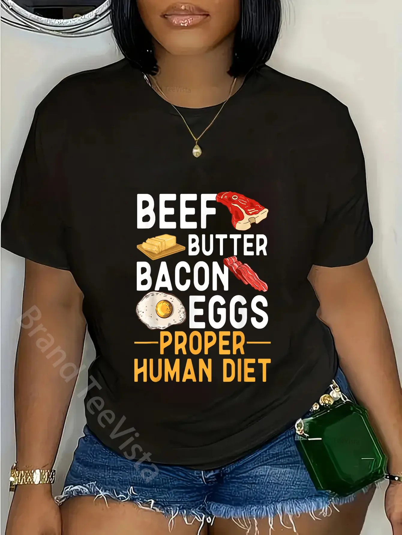 Women's 100% Cotton Round Neck Short-Sleeve Casual Everyday Graphic T-Shirt - Featuring Beef, Butter, Bacon, Eggs Proper Human Diet Design, Shortsleeve, Top, Tshirt, Vintage, Streetwear