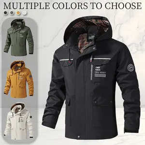 Hooded utility jacket with removable hood,  casual style, durable fabric, personalized letter print, multiple pockets for convenience, suitable for  hikes, everyday street wear, and campus life, stylish and practical Menswear Coats casual