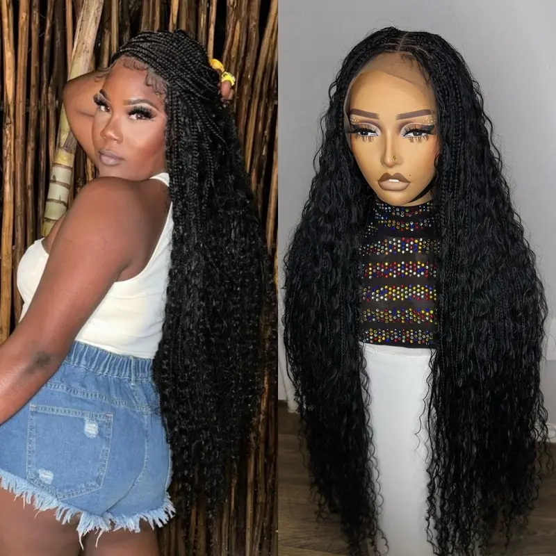 Black Boho Knotless Braided Full Lace Synthetic Wig, 40 in, Braids Hairstyles, Protective Styles, Natural Looking Wig