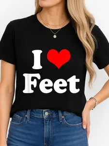 I Love Feet Black T Shirt With Heart Print Casual Wear Personalized Short Sleeve Tee Unisex All Seasons Comfortable Breathable Fits Various Outfits Plus Size Made In Usa