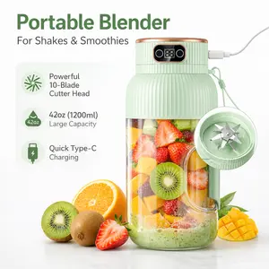 Portable Blender  40oz 1200ml 2 in 1 Juicer Cup with Digital Display USB Rechargeable Ergonomic Grip Personal Blender for Shakes Juices Travel Gym Home