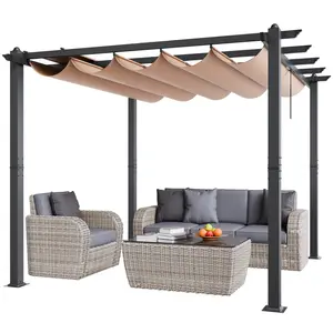 10x10 Foot Outdoor Retractable Pergola With Sun Shade Canopy, Aluminum Beige Frame, Weatherproof Patio Shelter For Sun Protection, Outdoor Living And Entertainment Space, Easy Assembly, Durable Aluminum Construction