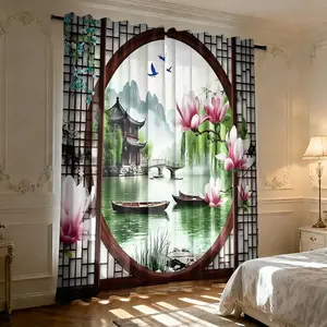 2pc High-Definition Digital Curtains, Elegant Jiangnan Garden Pattern, Pole Insertion Method, Living Room, Bedroom, Home Decoration