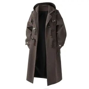 Men’s 2025 Autumn/Winter Loose Plus-Size Wool Mid-Length Trench Coat with Horn Buttons and Hood — Classic Casual Menswear Jacket