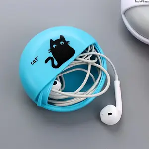 Animal Print Round Earphone Case - Durable ABS Material Cable Organizer with Rotating Storage Function, Protective Earphone Accessory