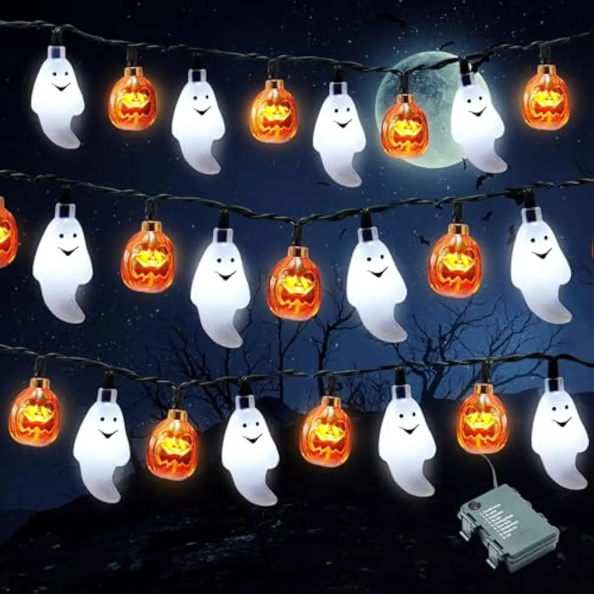 Halloween String Lights Decorations, 19.7FT 30 LED Battery Operated Ghost Pumpkin 3D String Light with 8 Lighting Modes for Home Indoor Outdoor Halloween Party Decor(Orange/White Color)