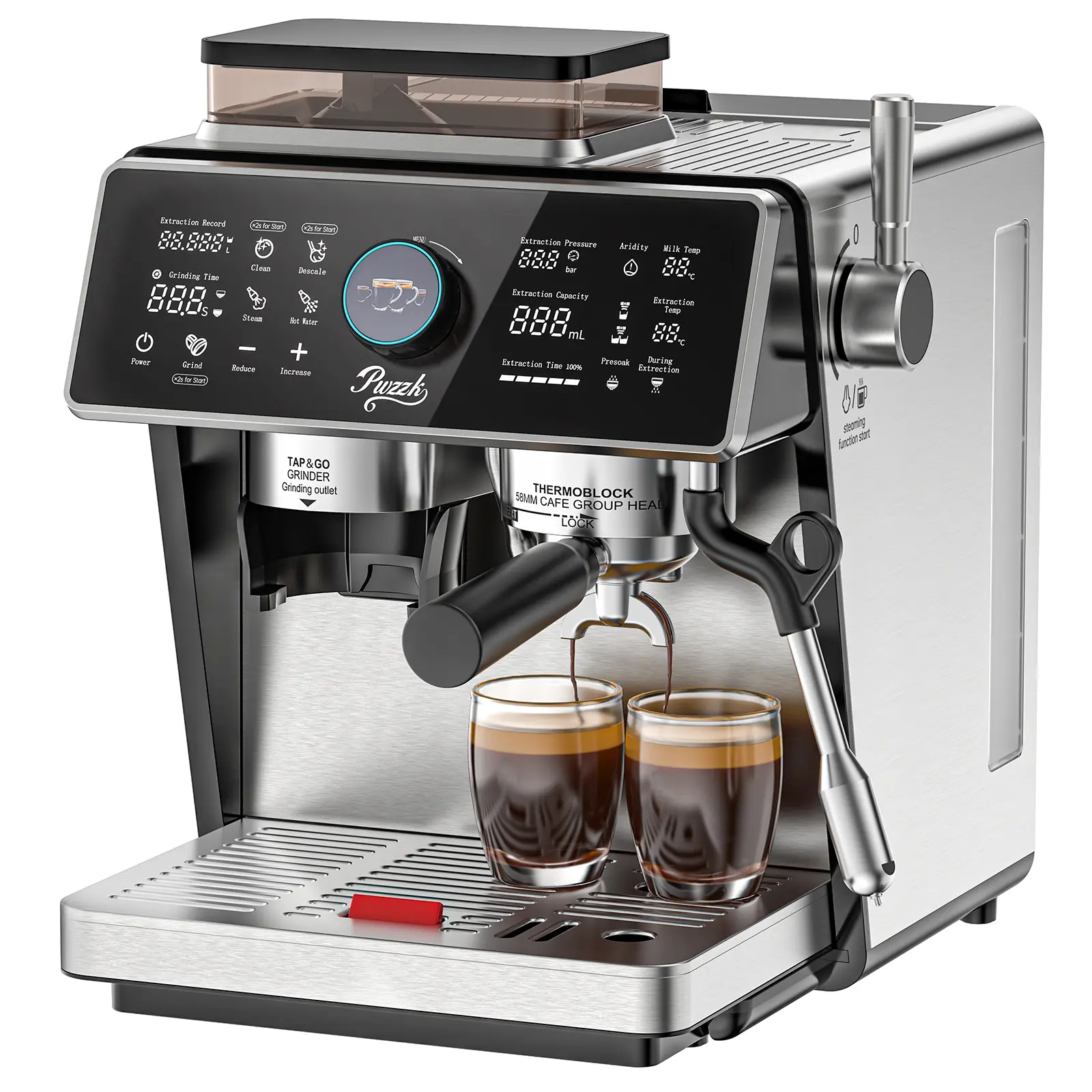 PwZzk Dual Boiler Semi-Automatic Espresso Machine with Built-in Grinder, 58mm Portafilter, TFT Display & Milk Frother Steam Wand – Professional Coffee Maker for Home Barista