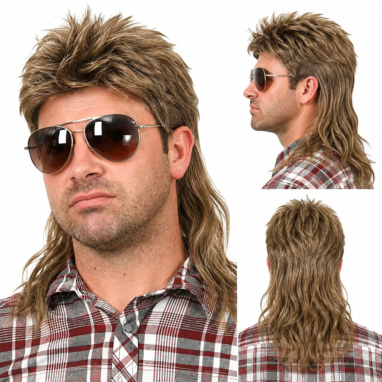80s Mullet Wig for Men & Women, Light Brown Synthetic Costume Wig, Adjustable Retro Rocker Hair for Halloween, Cosplay & Theme Parties
