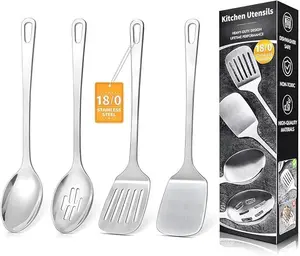4PCS Stainless Steel Cooking Utensils Set, Metal Kitchen Tools Set, Solid & Slotted Turner Wok Spatula and Serving Spoon, Kitchen Gadgets Set, Silver