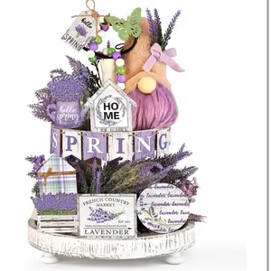 16 Pcs Spring Lavender Tiered Tray Decor Lavender Farmhouse Tray Decorations Purple Flower Lavender Gnome Wooden Sign Rustic Spring Decorations for Spring Summer Home Table Shelf