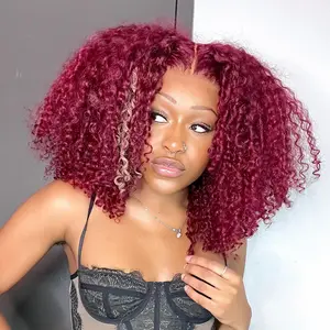 CurlyMe Wear Go 99J Burgundy Color Curly Hair Pre-cut 7x5 Transparent Lace Front Wigs - Kinky Curly & Water Wave