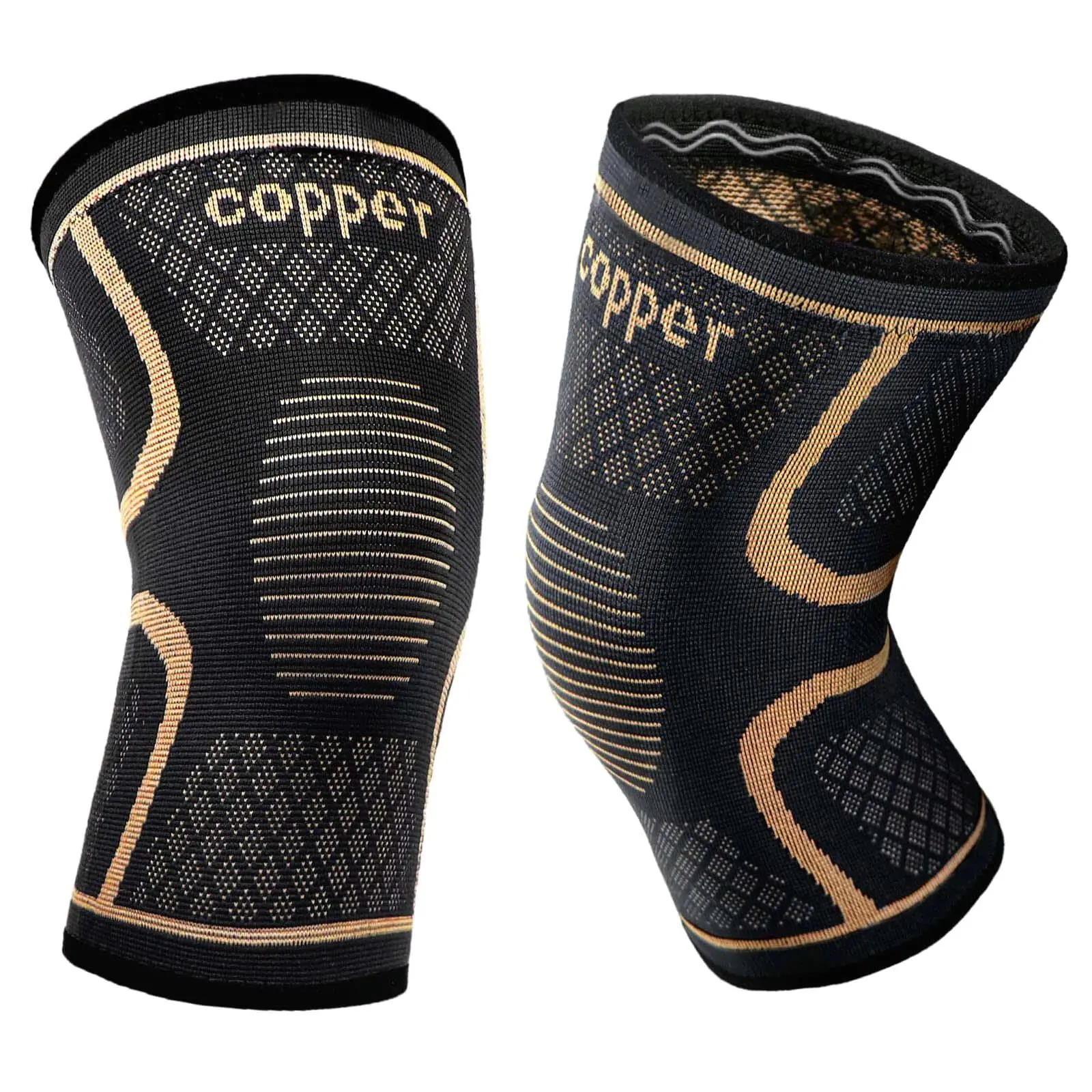 Knee Compression Sleeves (2-Pack), Copper 3D Knitted Knee Band for Men and Women with Joint Support for Arthritis Pain Relief and Running