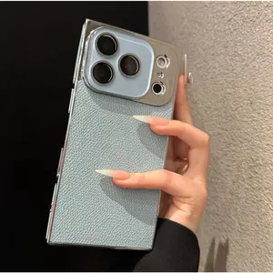 Elegant Square Design with Lychee Pattern for IP13-17 Pro Max | cool gadgets cool gadgets Two-Layer Defense: Shockproof Body & Lens Film, Anti-Yellowing Phone Screen Protector Starlight Orange