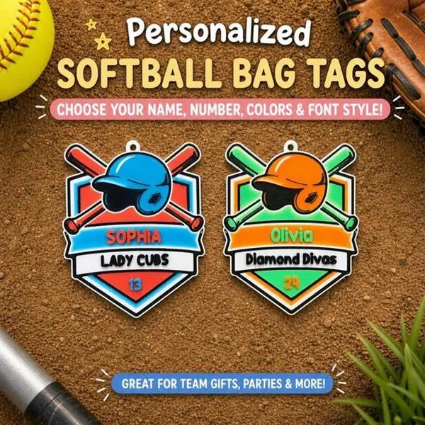 Personalized Softball Bat and Helmet Bag Tag w/ Clip & Ring | Custom Name Keychain | Team Gift, Sports Backpack Tag