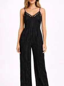 Women's Black Pinstripe Lace Trim Cami Jumpsuit – Sleeveless Full Length One-Piece