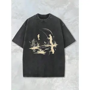 Couples Vintage Washed Print T Shirt Fishing Scene Graphic Crew Neck Short Sleeve Regular Fit Straight Hem Design