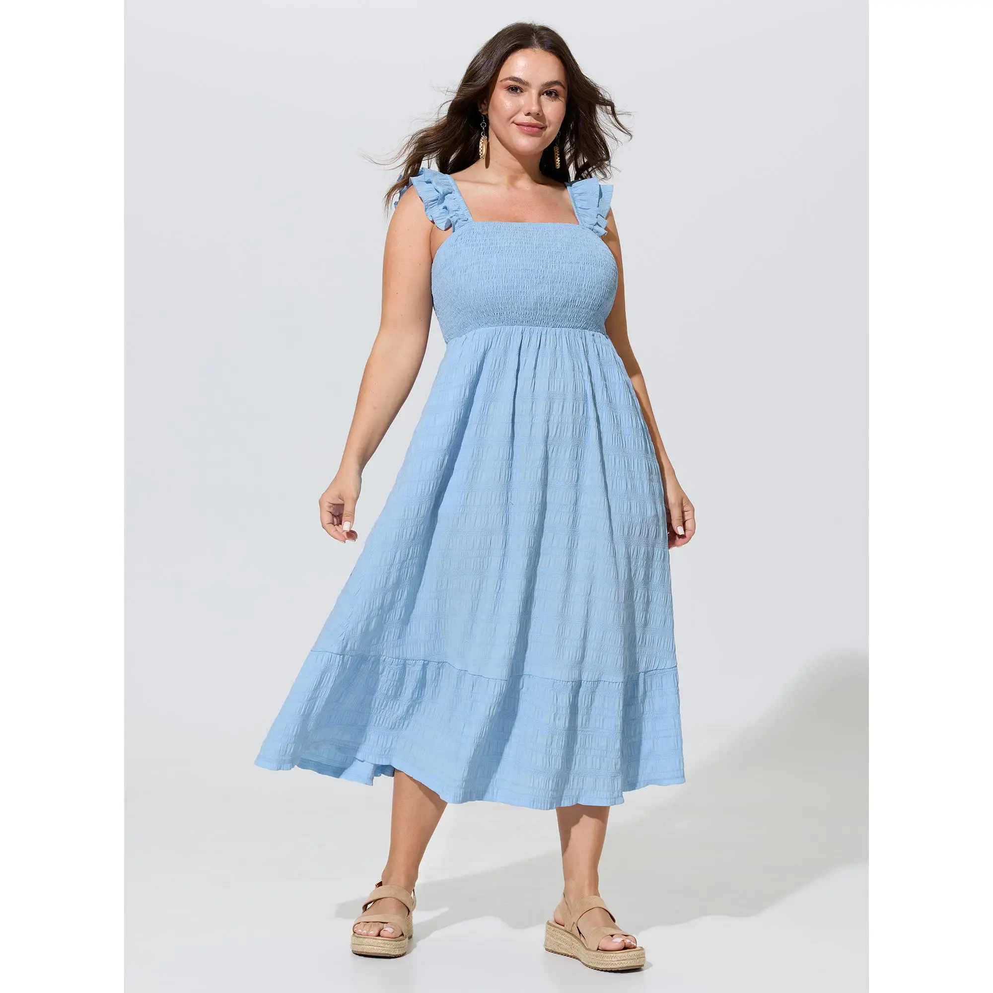 BloomChic Plus Size Boho Midi Dress, Flowy Fit Solid Polyester Fabric with Smocked Bodice, Ruffle Sleeve and Pockets, Smooth, Garment, Low Iron, Cold Wash, Casual, Plain, Plus Size Dresses, Women, Bohemian, Cap Sleeves, Curvy Dresses Plus Size