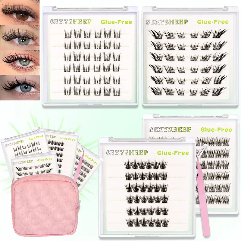 4 Styles Self-Adhesive Volume Lash Cluster Set, DIY 1-Step Pre-Glued Press-On False Eyelashes, D Curl Natural Look, No Glue Needed, No Residue, Long-Lasting, Beauty Eyelash Clusters