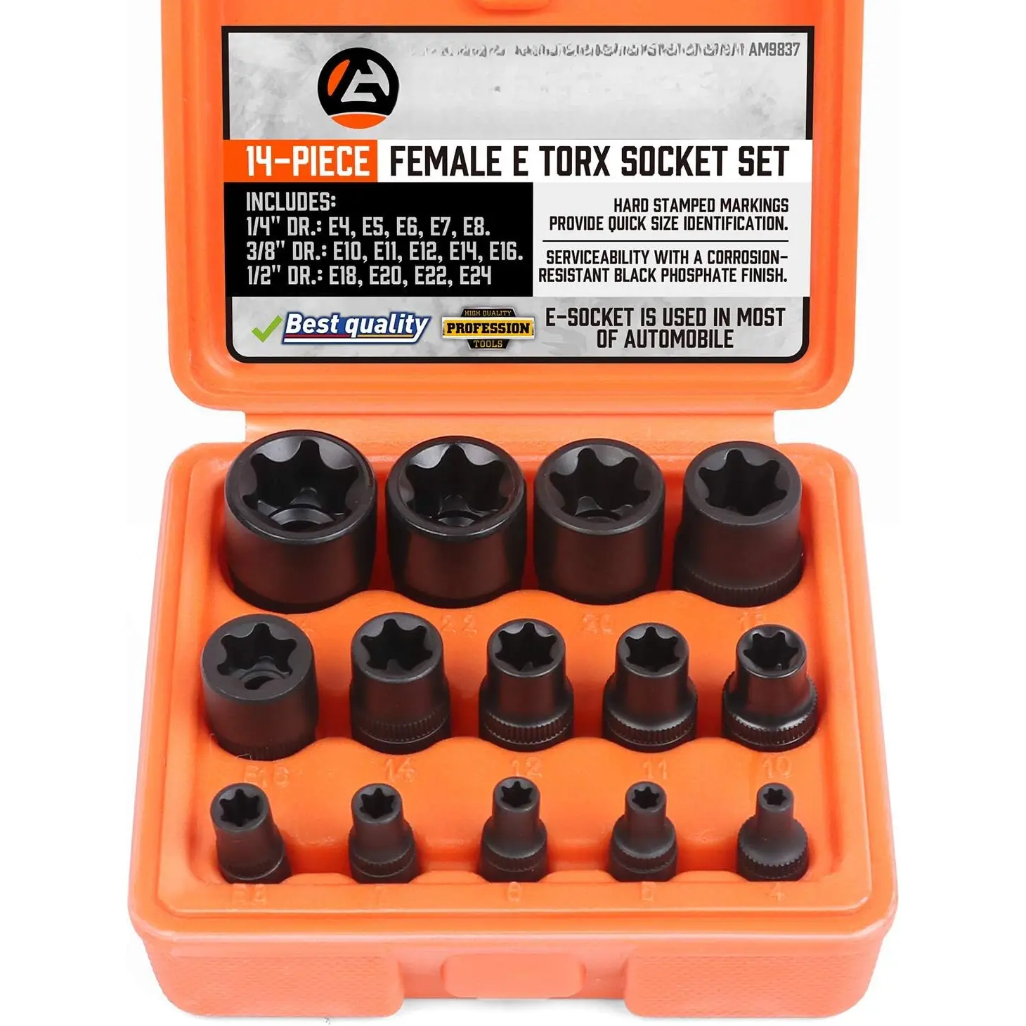 14 count Female E-Torx Star Socket Set/Rail, 1/4" 3/8" 1/2" Drive, E24 External Torque Socket Set