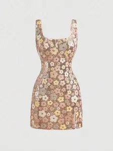 Pink Sequin Embroidered Romantic Party Mini Dress For Women