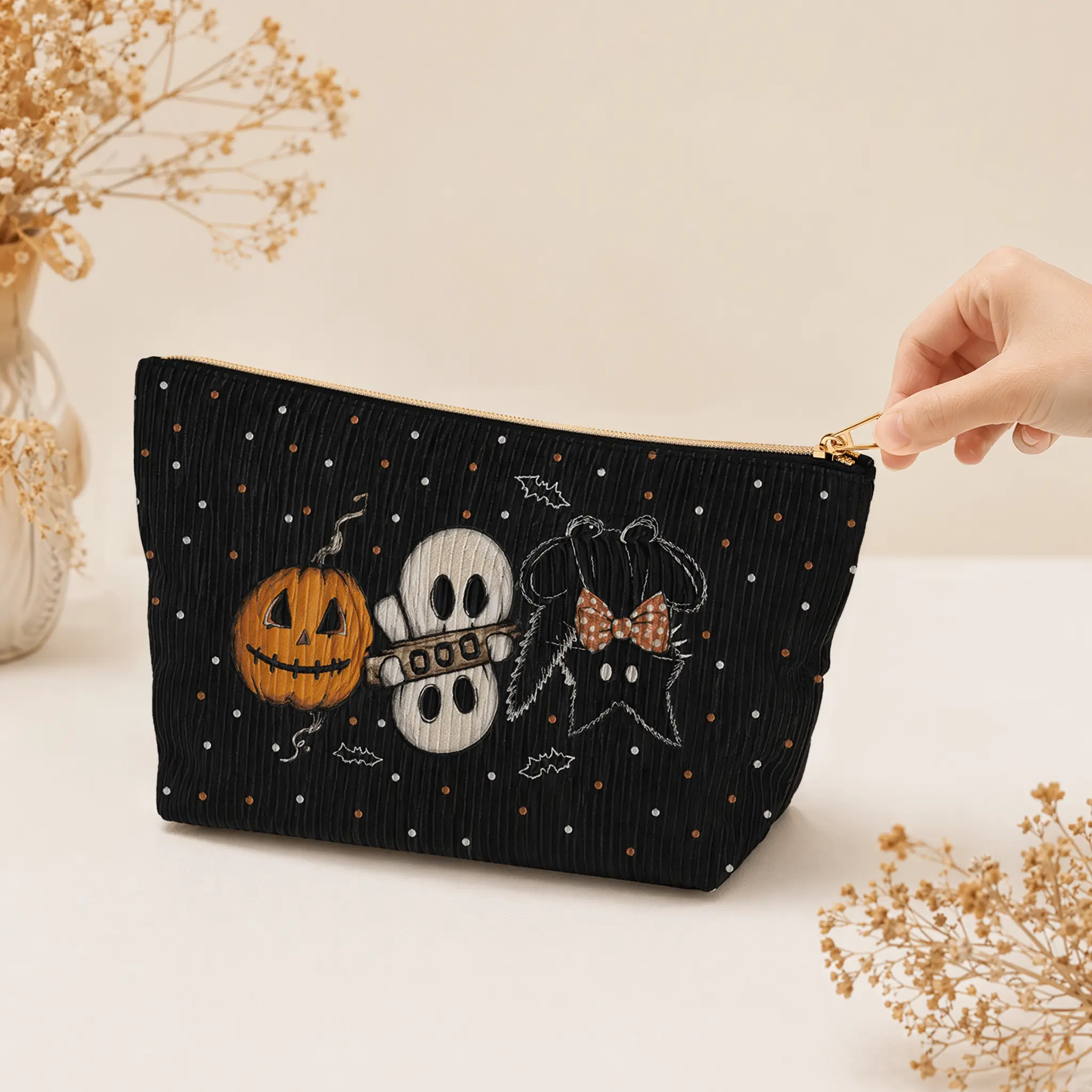 Halloween Themed Ghost Pumpkin Print Cosmetic Bag, Makeup Pouch, Beauty Organizer Pouch, Festive Fashion Style, Multi-Purpose Storage Bag, Travel Makeup Bag for Women, Portable Toiletry Bag, Cosmetic Travel Pouches