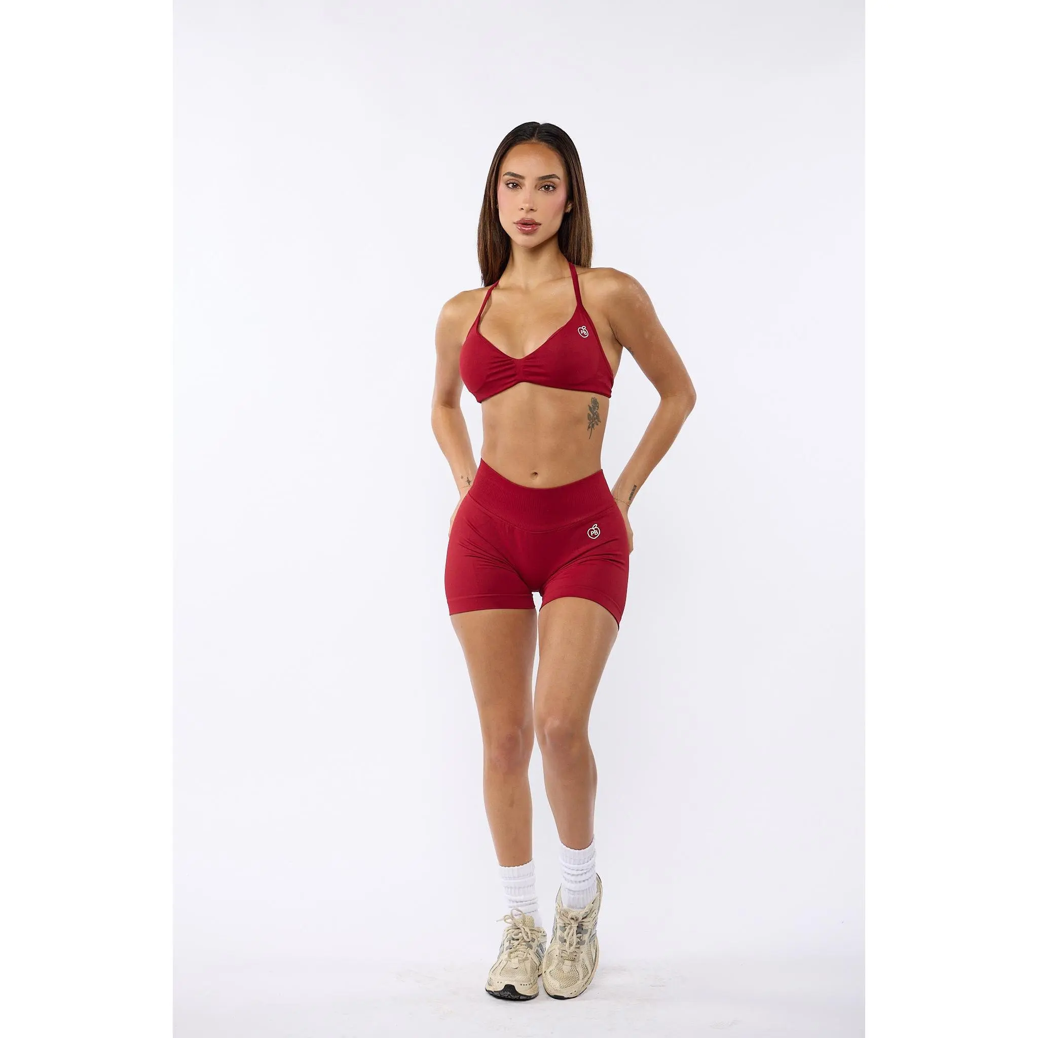Women's Female Small Cherry Red 2-Piece Bombshell Sports Bra & Shorts Set - Backless, Front Scrunch, Slim-Fitting, Sleek Look, All-Seasons Sports Clothing for Gym Workouts