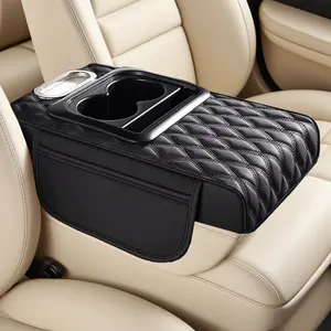 Universal Car Interior Organizer PU Leather Central Armrest Tissue Box Storage Bag with Cup Holder Multi-Functional Storage Heightening Pad for Car Glove Compartment