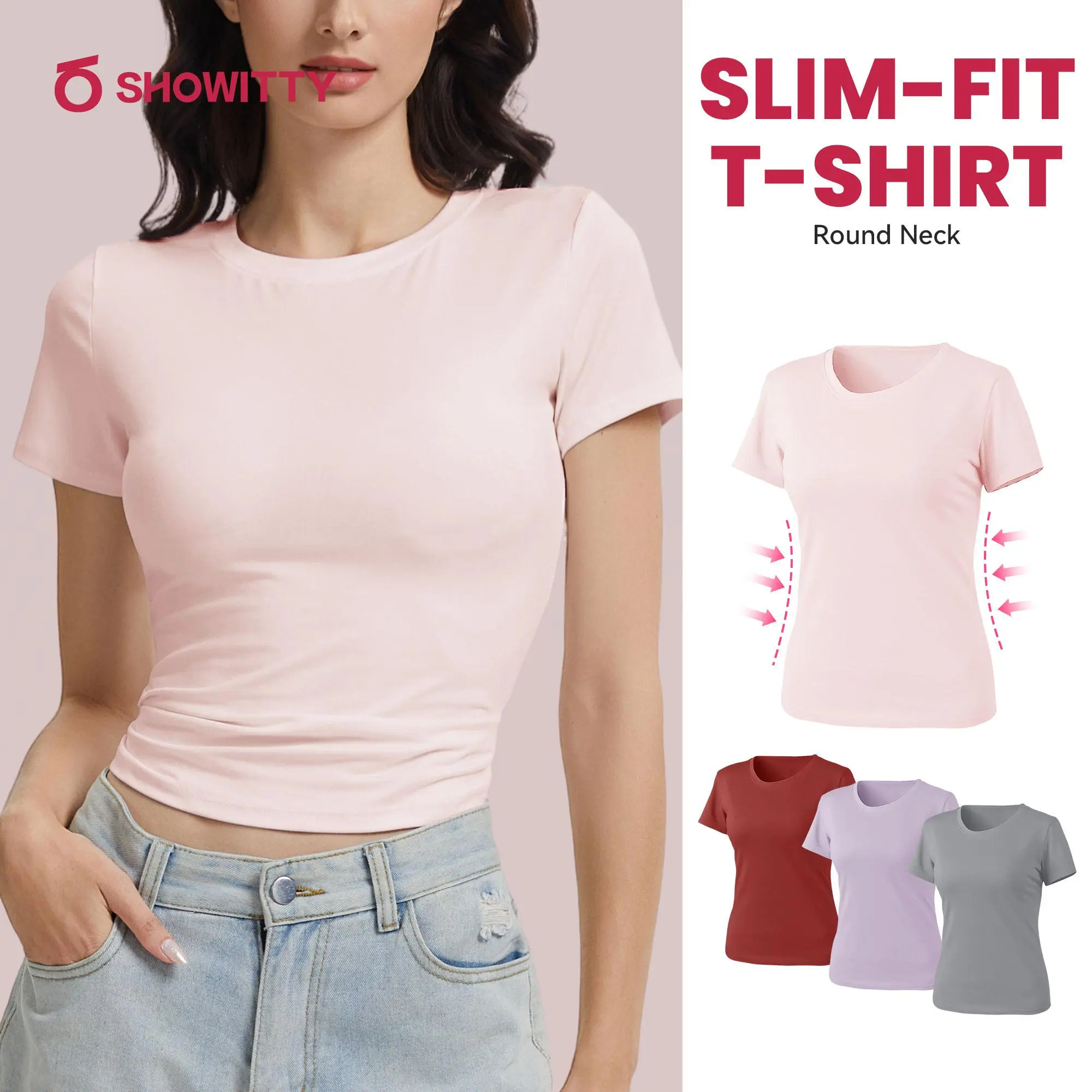 SHOWITTY Slim Fit Round Neck Tee for Women - Comfortable Fit Basic Breathable Summer T-Shirt for Casual Wear