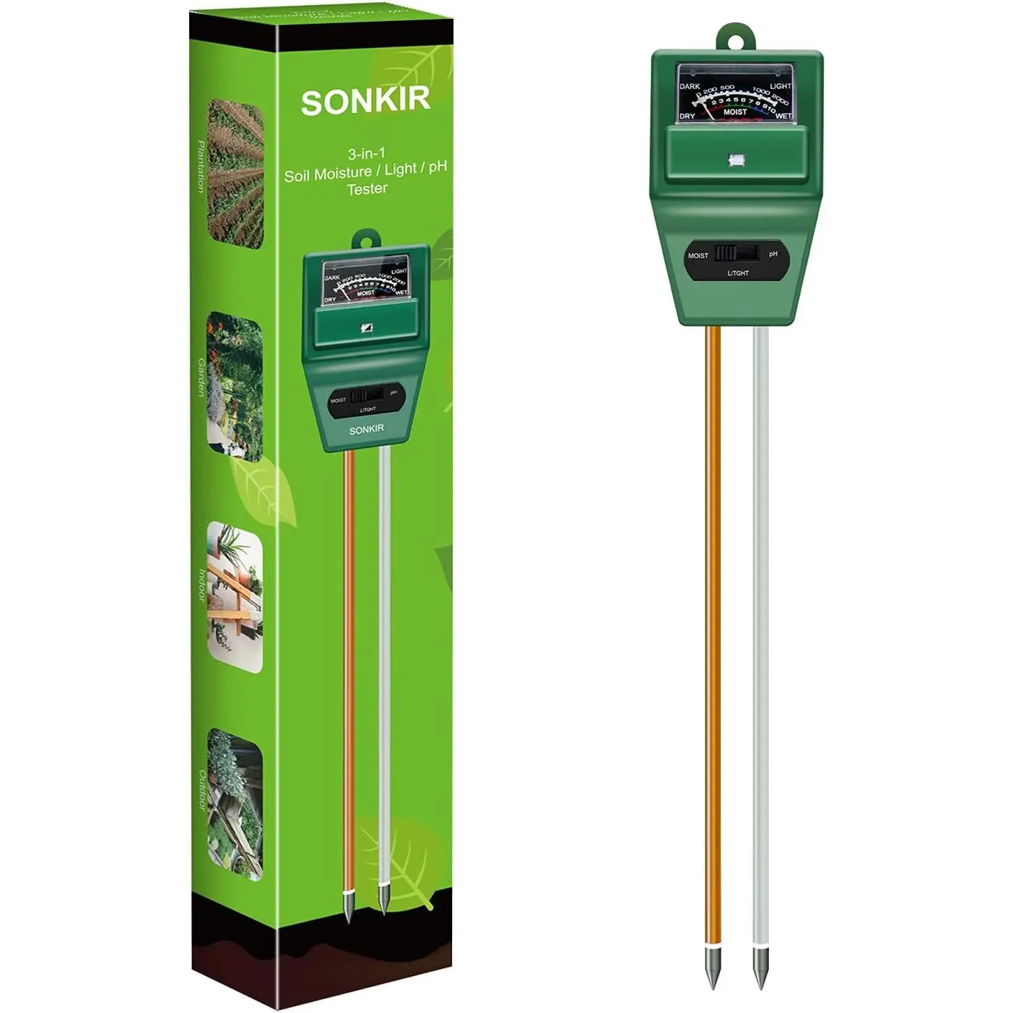 3-in-1 Soil Tester Meter, Soil Moisture Light & pH Test Tool for Plants, Gardening Monitor Kit for Garden, Lawn, Farm, Indoor & Outdoor Plant Care