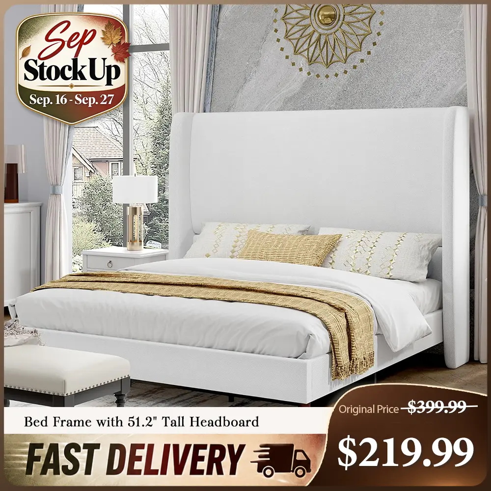 [TiktokShopStockUp] AMERLIFE Platform Bed Frame with 51.2" Tall Headboard, Upholstered Bed with Wingback/Solid Wood Legs/Durability&Silent/No Box Spring Required, Furniture/Full/Queen/King/Bed with Reinforced Structure&Complete Hardware Kit