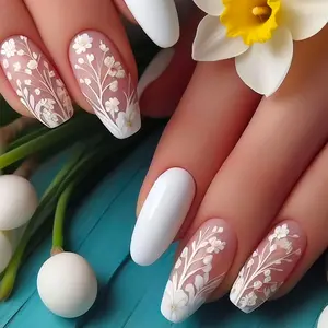 Floral Pattern False Nails, 24pcs Medium Ballerina Stick on Nail Kit with Tools, Elegant Press on False Nails for Women & Girls