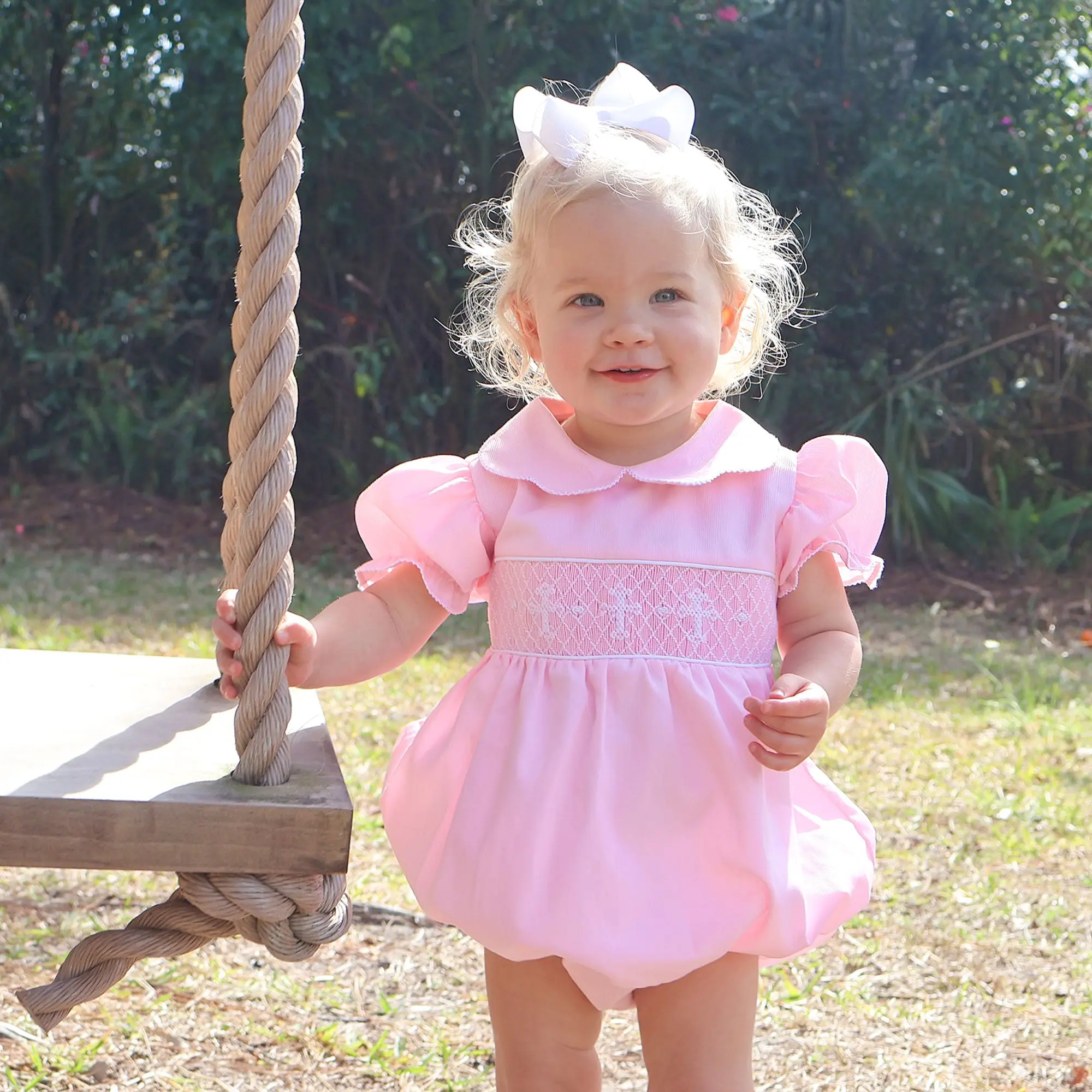 Cross Smocked Pink Pique Collared Bubble - Easter and Baptism Outfit for Little Girls