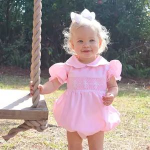 Cross Smocked Pink Pique Collared Bubble - Easter and Baptism Outfit for Little Girls