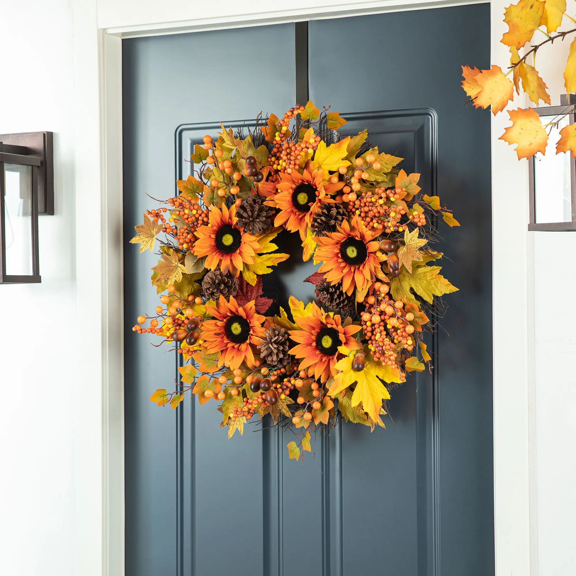 Glitzhome 24"D Fall Sunflower, Maple Leaf and Berry Wreath Includes a Complimentary Black Metal Wreath Hanger