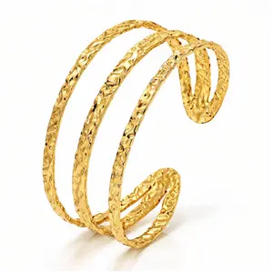 Elegant Gold Tone Triple Wrap Cuff Bracelet with Intricate Textured Design for Women's Waterproof & Tarnish Resistant