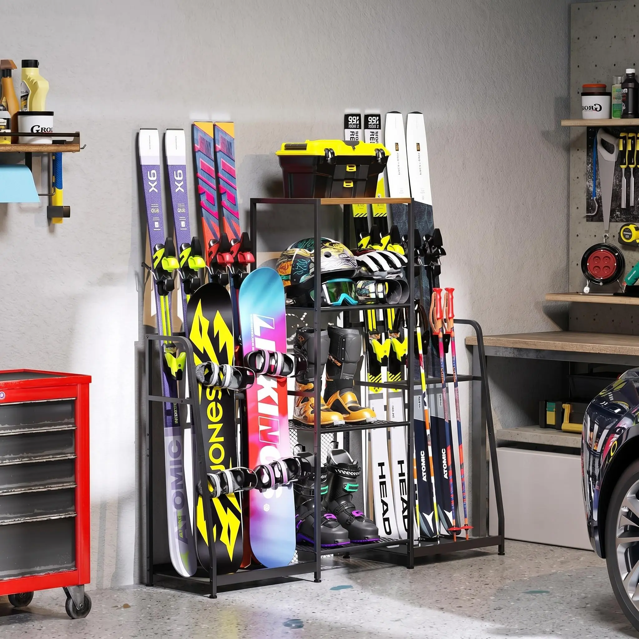 Freestanding Ski & Snowboard Rack for Garage, Heavy Duty Wood Metal Organizer Holds 4 Pairs Skis & 4 Snowboards, No Wall Drilling