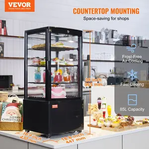 VEVOR Refrigerated Display Case, 3 Cu. Ft./ 85L Countertop Pastry Display Case, 3-Tier Commercial Display Refrigerator with LED Lighting, TURBO Cooling, Frost-Free Air-Cooling, Locked Door for Bakery