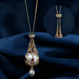 Pearl Necklace Sweater Chain Metal Mesh Necklace Crystal Woven Mesh Pearl Choker Birthday Party Wedding Celebration