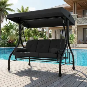 Outdoor Porch Swing with Adjustable Canopy – 3‑Seat Patio Swing Chair with Stand, 800 lbs Heavy Duty Outdoor Swing for Adults with Cup Holder Tray, Cushion & Pillows, Patio Swings with Canopy for Garden