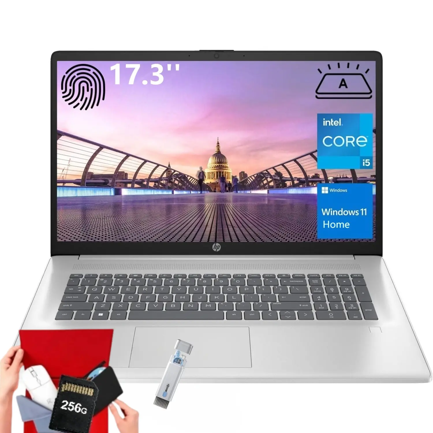 HP Essential Business Laptop, 17.3" FHD Display, Intel Core i5-1334U, up to 32GB RAM, 512GB SSD, Wi-Fi 6, Webcam, Backlit Keyboard, Windows 11 Home, Silver, Bundle Accessory